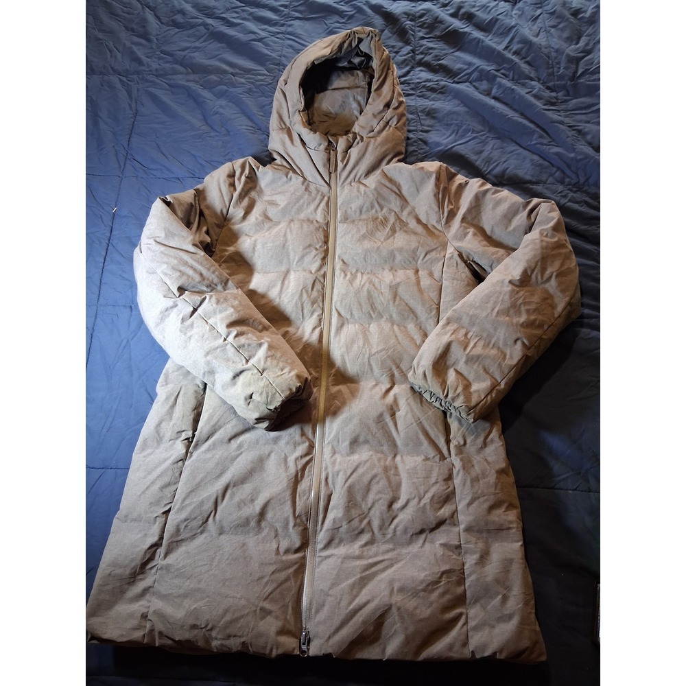 Uniqlo Seamless Down Coat Womens Medium Taupe Brown Hooded Puffer Parka 409124